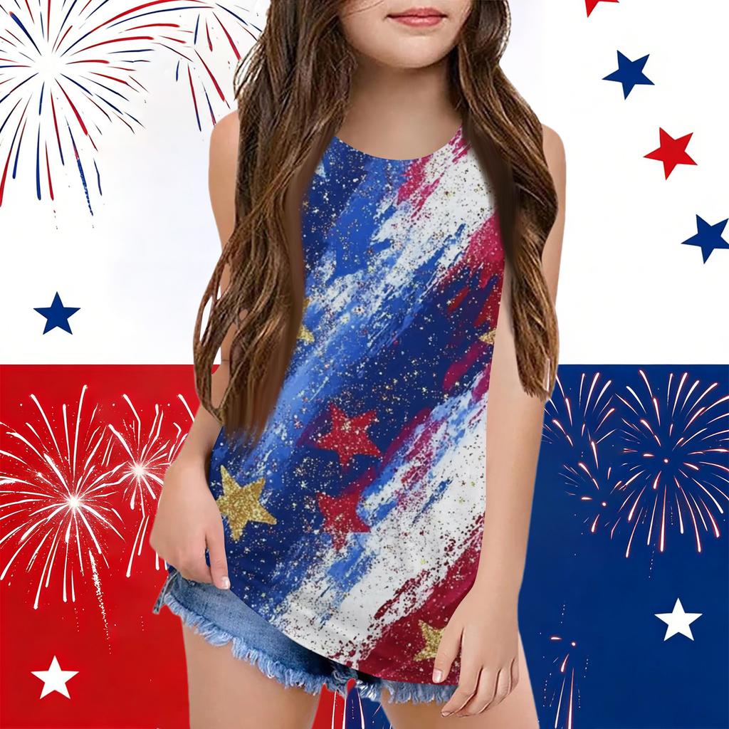 Girls  Kids Summer Crewneck Sleeveless Shirts Tank Tops Independence Day