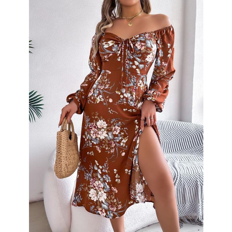 

Женское платье весна-лето сексуальное на шнуровке с цветочным принтом и длинными рукавами с разрезом XL коричневый