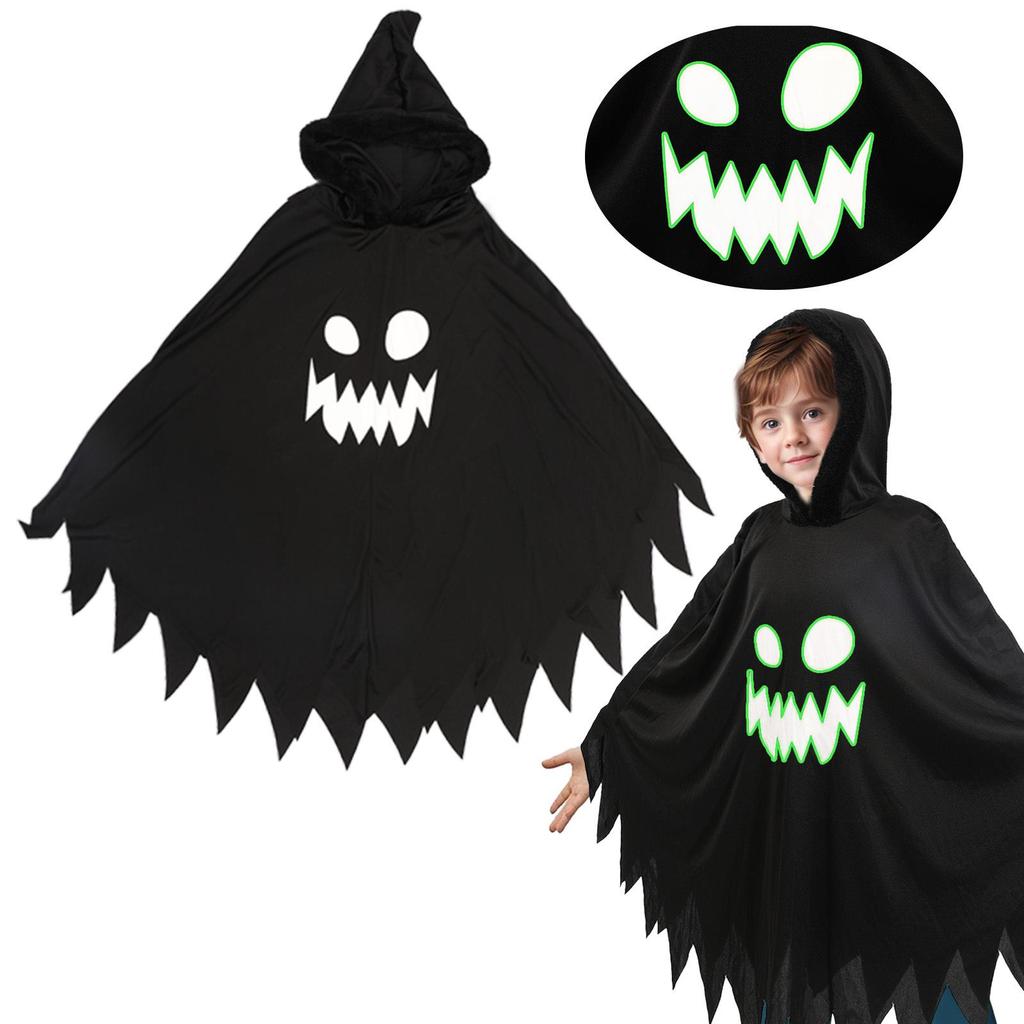 Luminous Ghost Face Halloween Cape for Kids - Glowing Black & White Costume Shawl