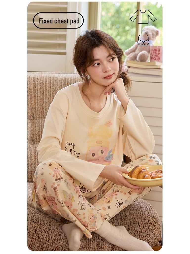 Women's Cartoon Pajama Set with Chest Pads - Long Sleeve & Pants for Spring & Autumn, Wear Indoors or Out