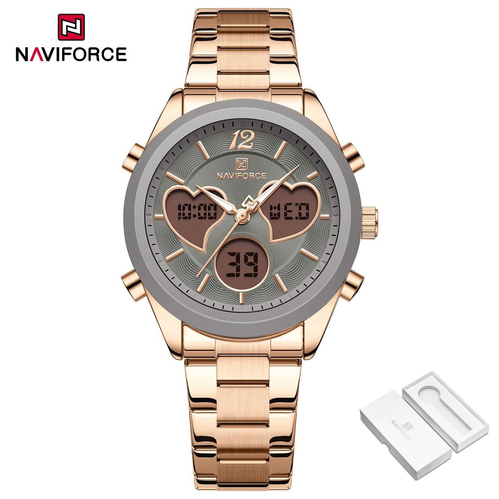 Naviforce Women Quartz LCD Digital Watch Waterproof Stainless Steel Strap NF5045S