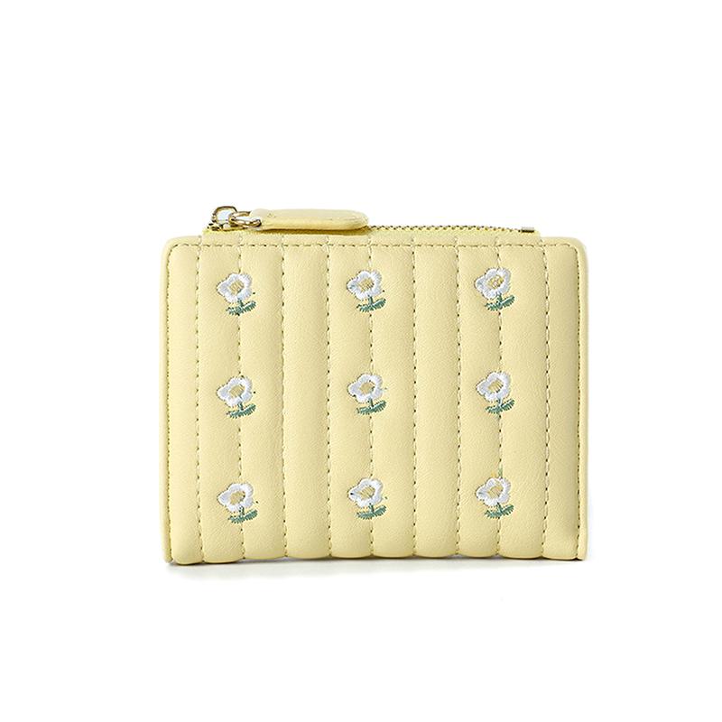 

Складные короткие кошельки женские с цветочной вышивкой из ПУ кожи на молнии, кошелек для денег, кошельки для монет, держатели для карт жёлтый