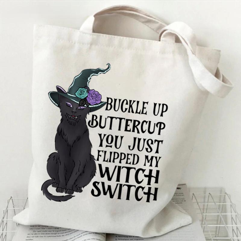Cat Tote Bag Gothic Black Cat Shopper Halloween Party Gift Shopping Bag Spooky Seasonal Fun Animal Women's Tote Bag