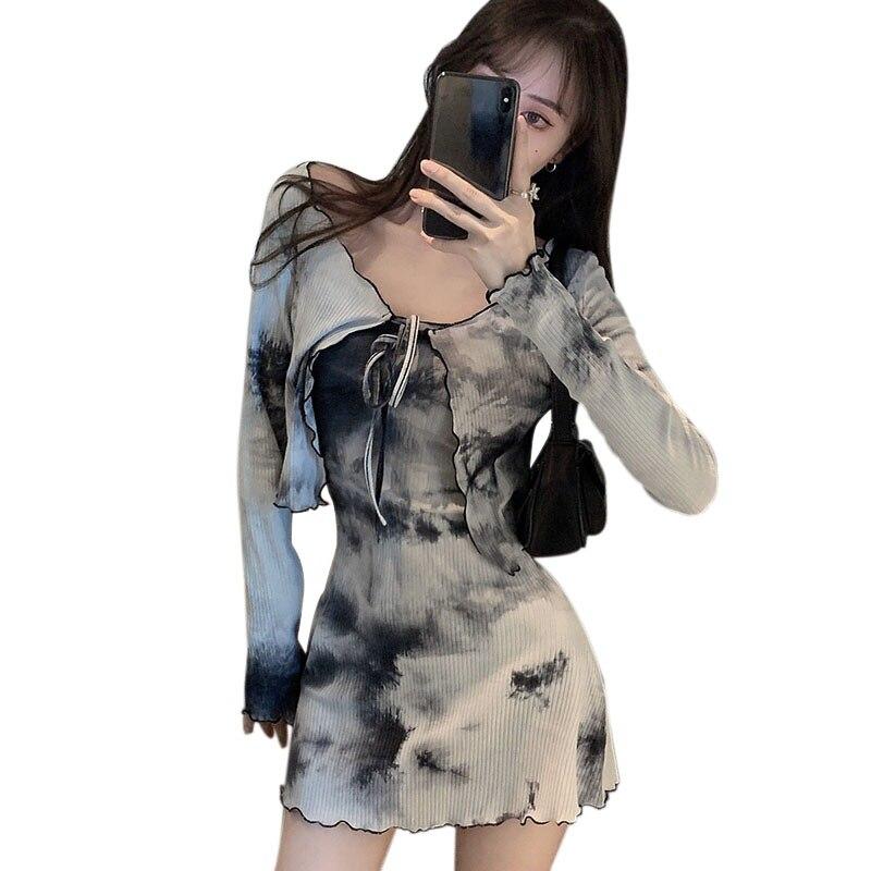 Two-pieces Autumn Women Tops And Cardigans Charmed Tie-dye Slim Dresses Coat Suits