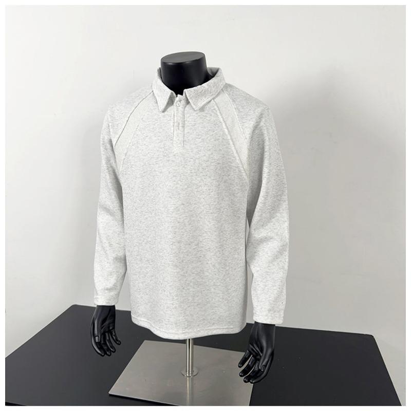 2025 Autumn New Men's American Casual POLO Shirt Lapel Solid Color Versatile Loose Long-sleeved Button Pullover