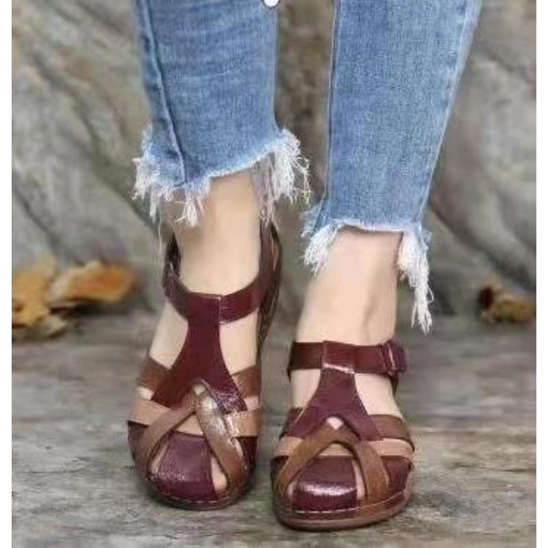 Summer new large size retro round head wedge heel women's shoes cross buckle women's sandals