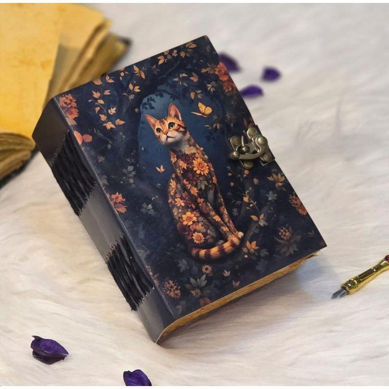 Handmade Vintage Cat Journal – Leather Notebook with Floral Cat Art & Aged Deckle Edge Pages – Witchy Grimoire Journal - Book of Shadows