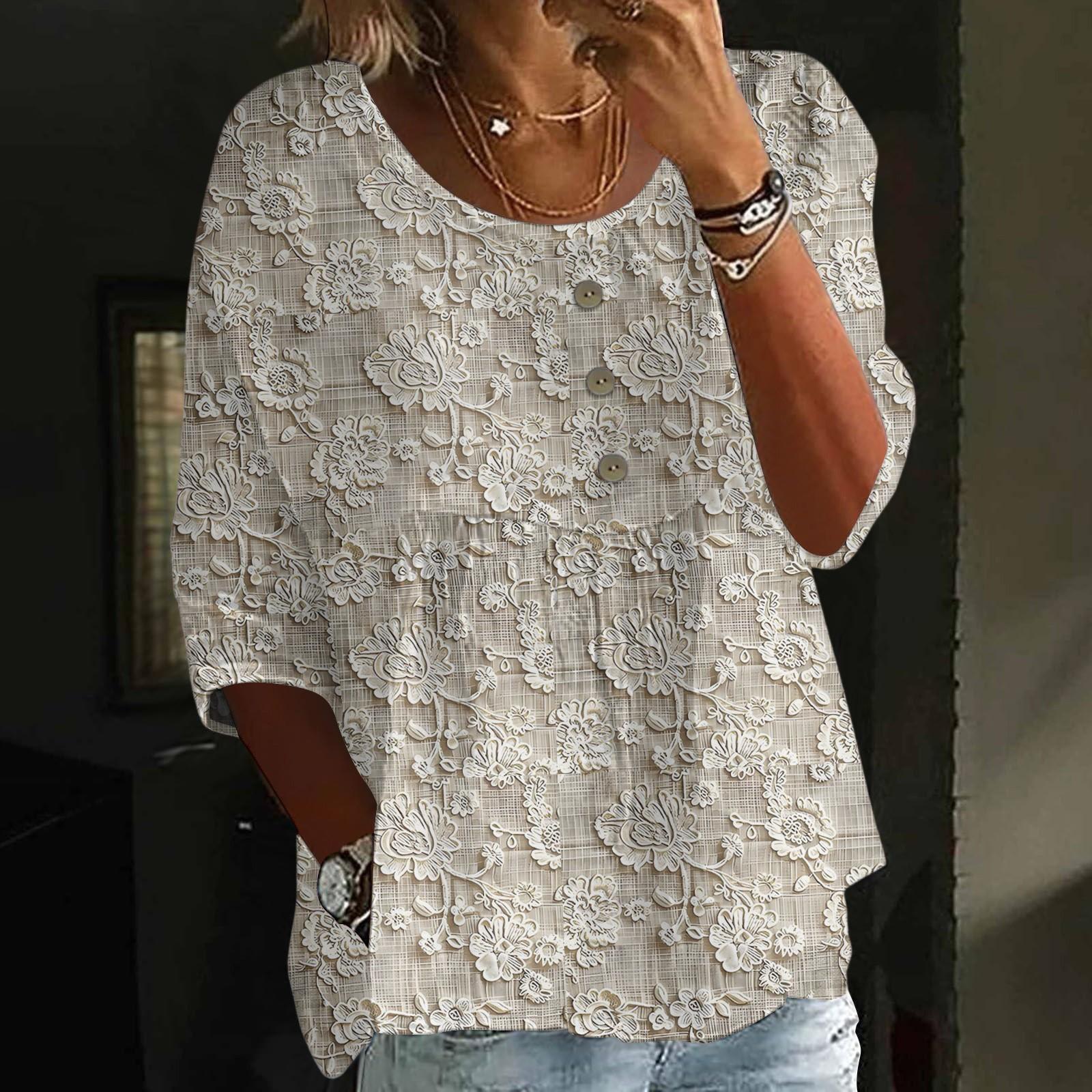 

Льняные рубашки для женщин с рукавом 3/4 на пуговицах с V-образным вырезом, летние топы, нарядные повседневные милые рубашки L хаки