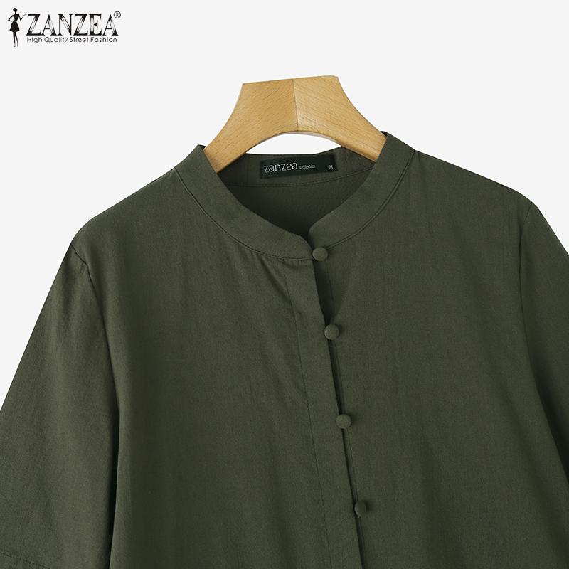 ZANZEA Women Casual Stand Collar Loose Half Sleeve Cotton Blouse