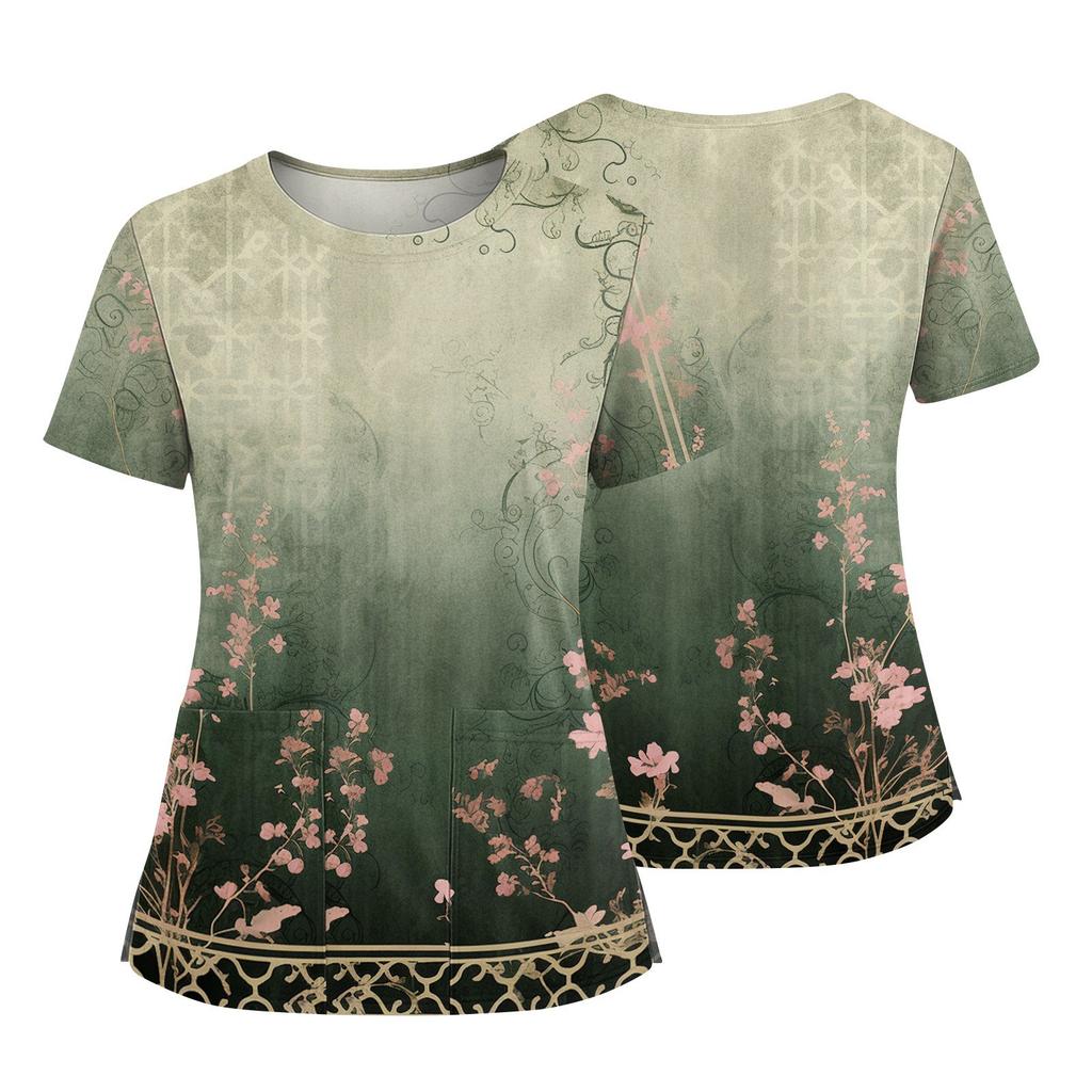 Women's Fashionable Printed Round Neck Pocket Short Sleeved Shirt With Slit Hem Uniform And Worker's Top