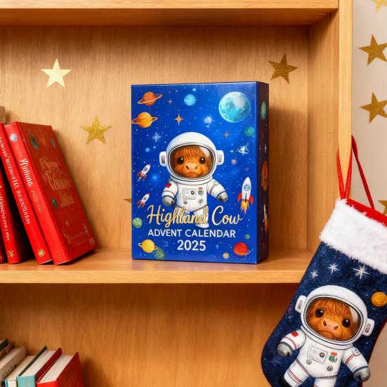 Astronaut Highland Cow Advent Calendar 24 Days Acrylic Ornament Box with Space Themed Surprises Christmas Countdown Decor for Kids