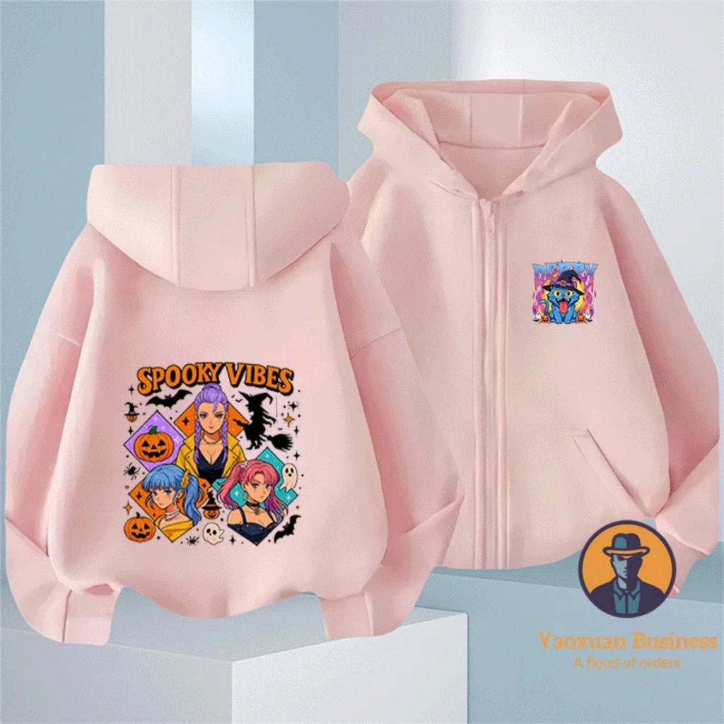 Halloween Style KPop Devil Hunter Girl Children's Zipper Hoodie Cute Cartoon Print Warm Windproof Autumn and Winter Fashion Clothing