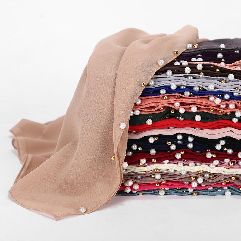 Women Solid Color Pearls Chiffon Scarf Muslim Lady Hood Headcloth