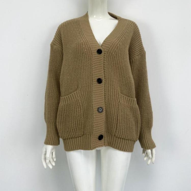 Women's V-neck Solid Color Knitted Cardigan Loose Single-breasted Sweater for Spring and Autumn
