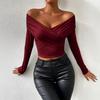 2024 Europäischer & Amerikanischer Herbst/Winter Damen Sexy Tiefer V Langarm Plissiertes Schulterfreies Oberteil