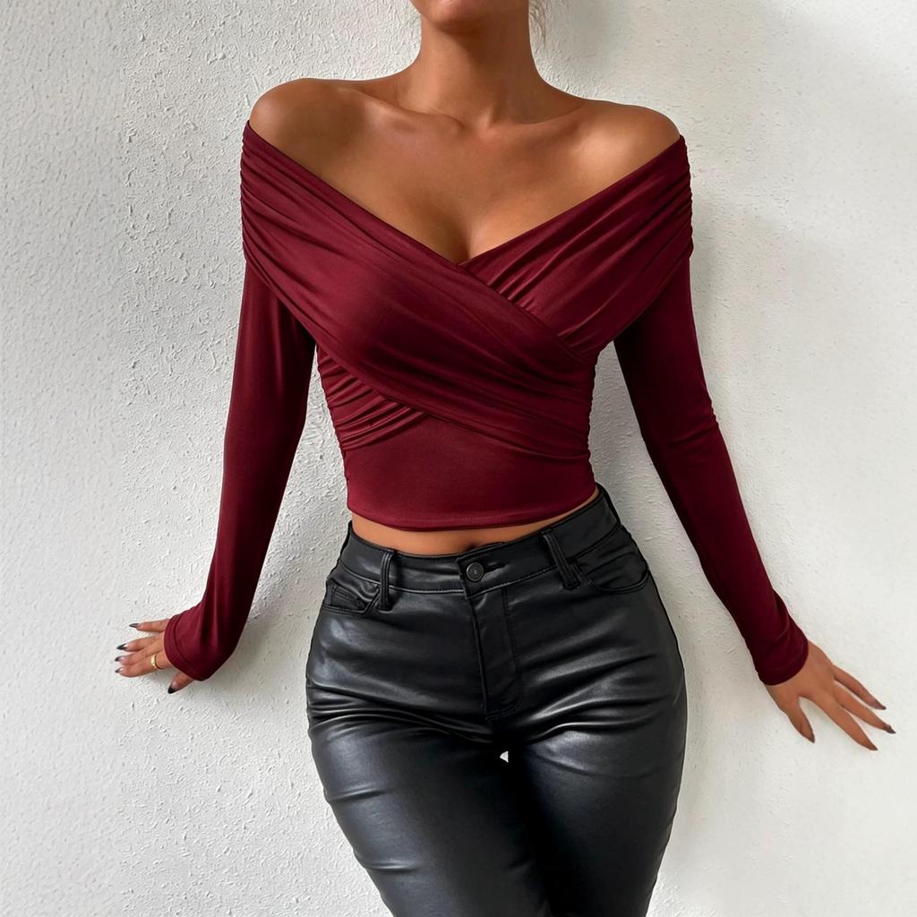 2024 Europäischer & Amerikanischer Herbst/Winter Damen Sexy Tiefer V Langarm Plissiertes Schulterfreies Oberteil
