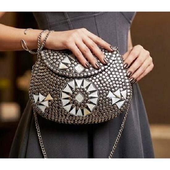 Vintage Bridal Women's Antique Brass Purse Ethnic Handmade Metal Clutch Bag Silver