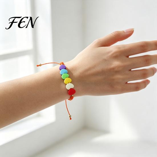Fashionable Stackable Bracelet Colorful Hearts Bracelet, Handmade Braided Cord String Adjustable Summer Casual Rope Heart Shaped Clay Beads