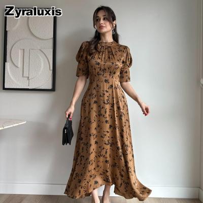 New Arrivals Women's Fashion Elegant Satin Printed Tie Waist Long Dress
