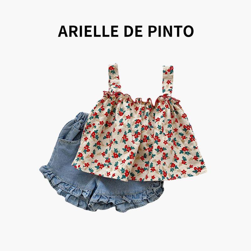 French Arielle De Pinto Girls  Summer Outfit, Cute Two-Piece Set with Suspenders and Shorts for Baby Girls Top + Shorts 80
