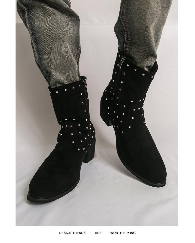 Men's Large Suede Leather Rivet Pointed Toe Ankle Boots - Medium Heel Fashion Knight Boots