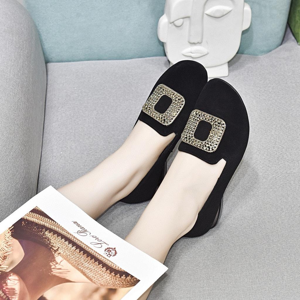 Round Head Women's Autumn Square Buckle Rhinestone Shallow Mouth Flats Black Sheepskin Small Single Shoes Lazy Shoes