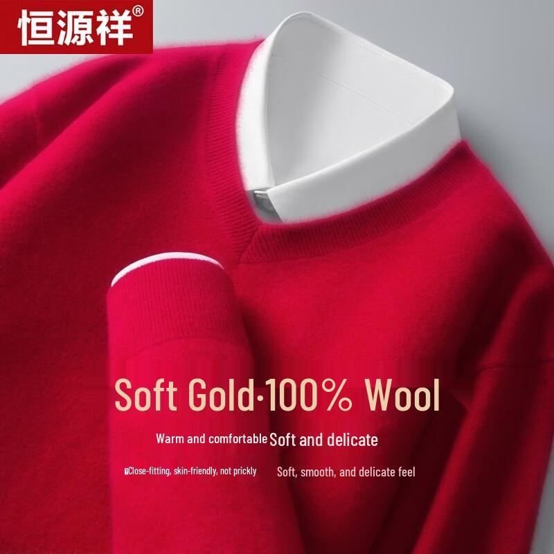 Hengyuanxiang Men's 100% Pure Wool V-Neck Sweater