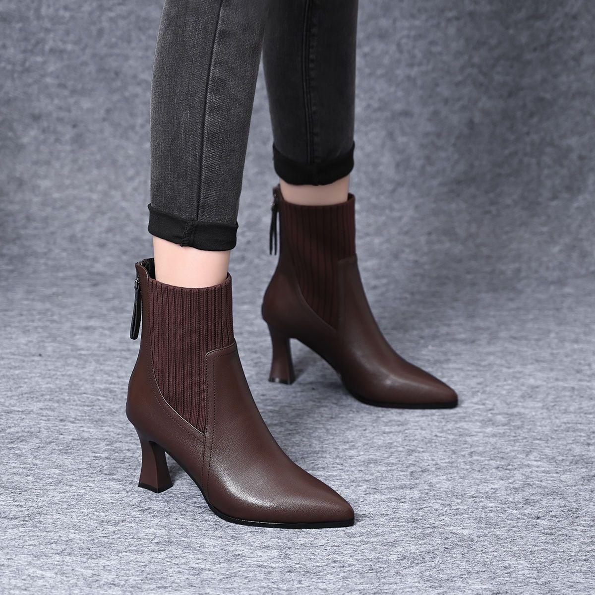 

Genuine Soft Leather Retro High Heel Women s Ankle Boots with Elastic Slimming Fit and Pointed Toe for Autumn/Winter. 36