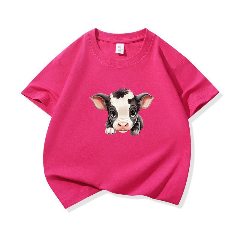 Kids Cotton T Shirt Adorable Baby Cow Peeking Print Crew Neck Short Sleeve Tee Casual Boys Girls Summer Tops