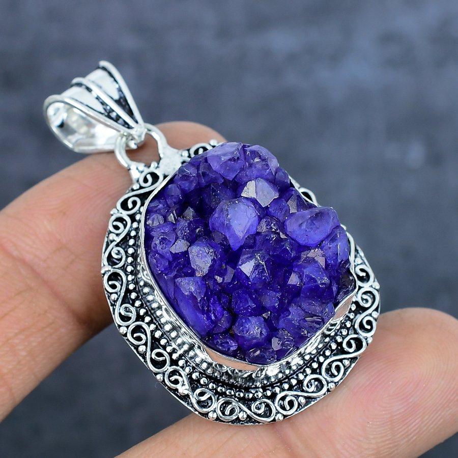 Natural Amethyst Druzy Gemstone 925 Sterling Silver Jewelry Pendant 1.97" E9T52