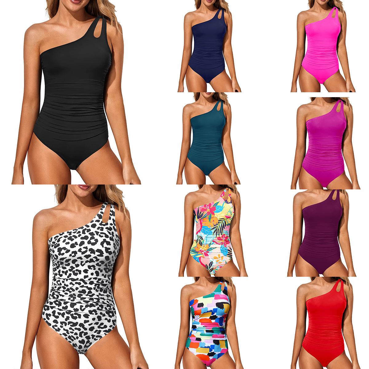 

2025 European & American Solid Color One-Shoulder Cutout Bikini Swimwear XL