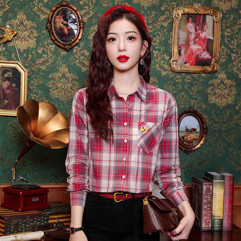 

Spring 2024 Retro Plaid Pure Cotton Long-Sleeve Polo Shirt - Slim Fit, Elegant Foreign Style XL синій