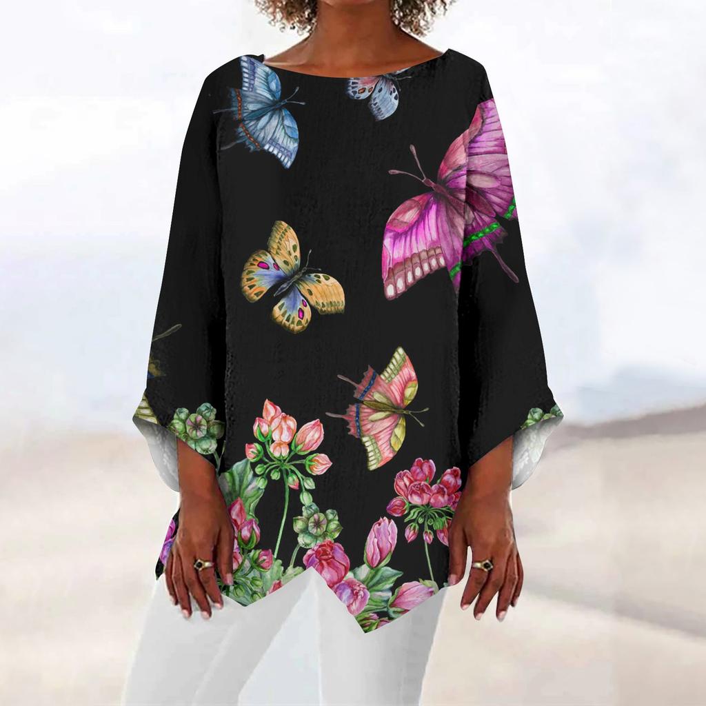 Ladies Tops Geometric Print Long Sleeve Paneled V-Neck Breathable Shirt