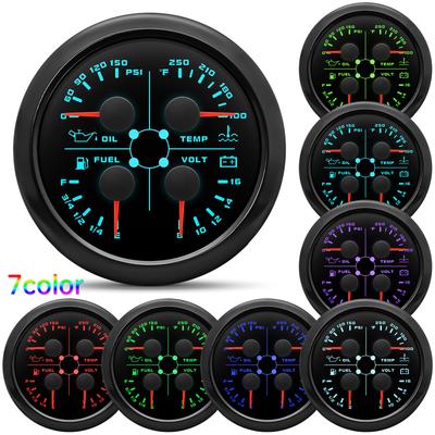85mm 4 In 1 Gauge Oil Press Gauge Water Temp Meter Fuel Level Gauge Voltmeter With Alarm For Marine Boat Car Waterproof 12V 24V
