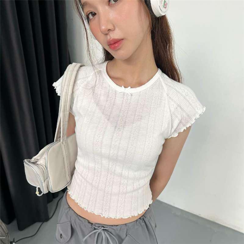Spring and Summer Women's Clothing New Arrivals Sweet Girl Style Solid Color Personality Round Neck Slim Short Sleeve T-shirt for Women