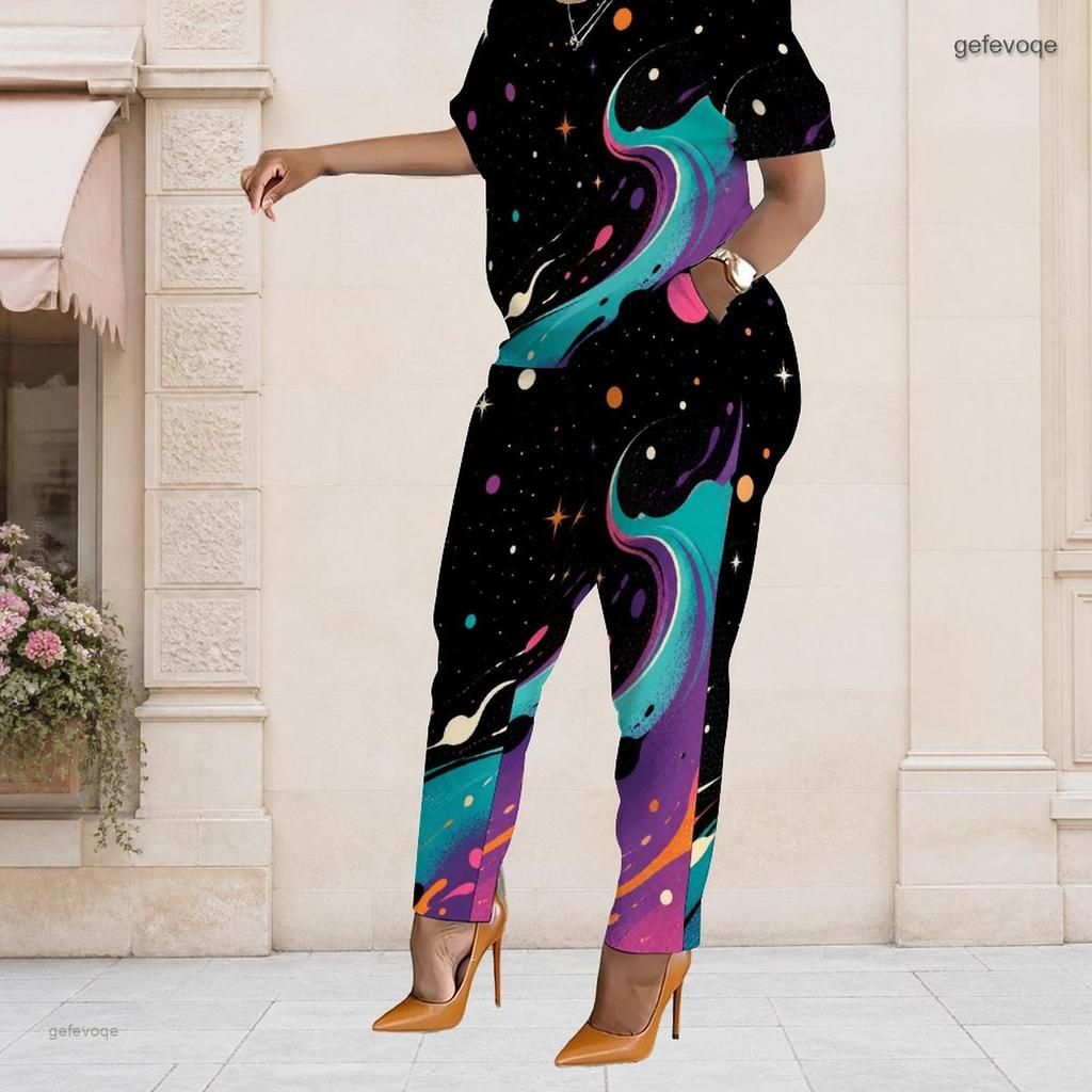 Women Plus Size Two Piece Set Short Sleeve Top Pocket Pants Star Stripe Patriotic Print Outfit