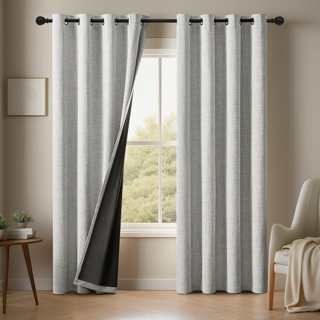 2PC plain linen solid color 100% blackout curtain, comes with curtain straps, suitable for decorating living room and bedroom