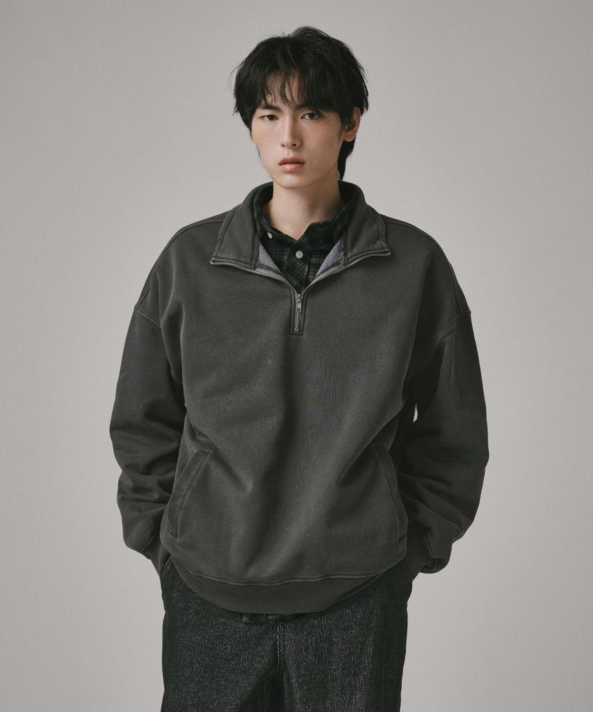 Beodeonteu Garment-Dyed Half Zip Fleece Sweatshirt [Charcoal]