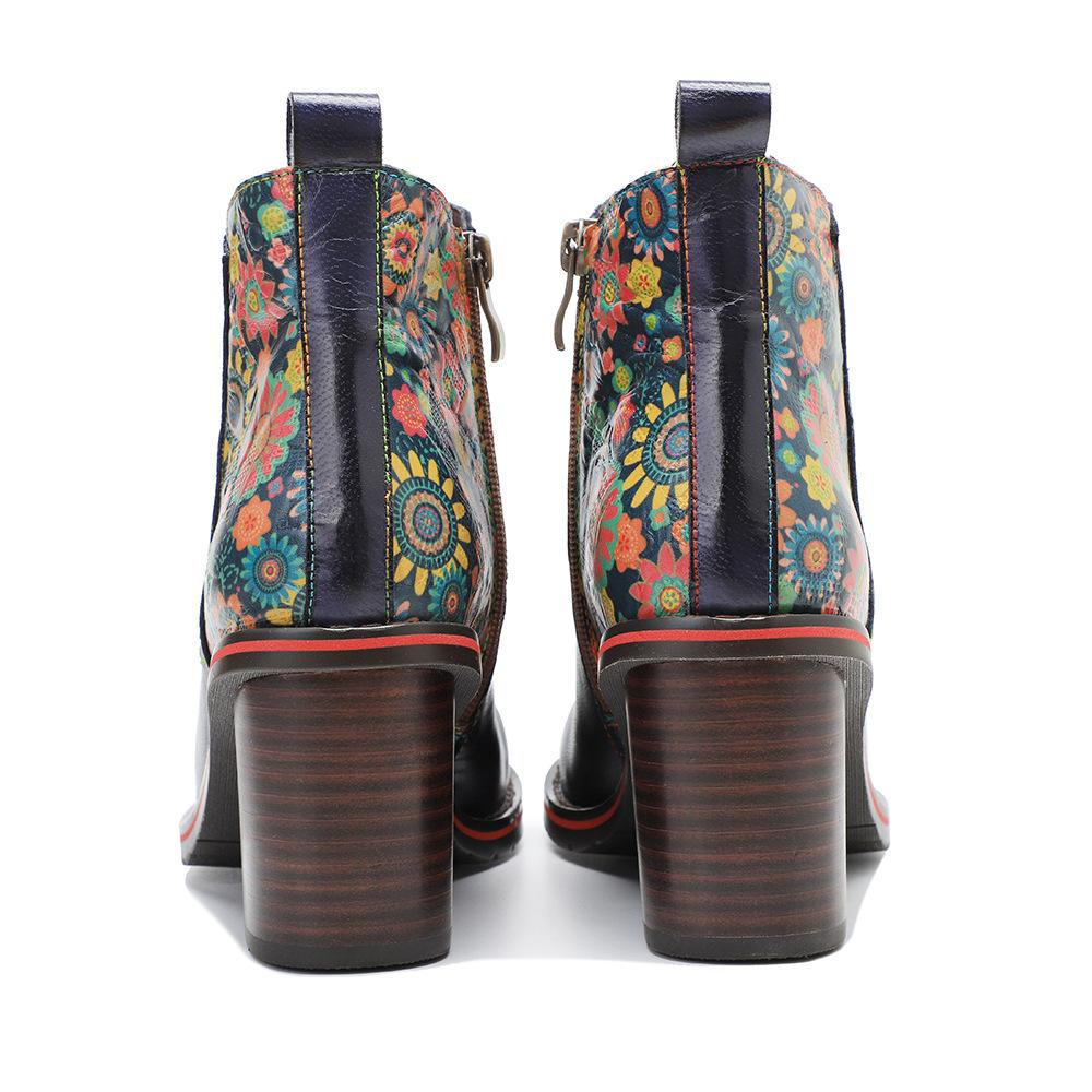 Johnature Genuine Leather Women Shoes Thick Heeled Short Boots  Round Toe Patchwork Handmade Ankle Boots