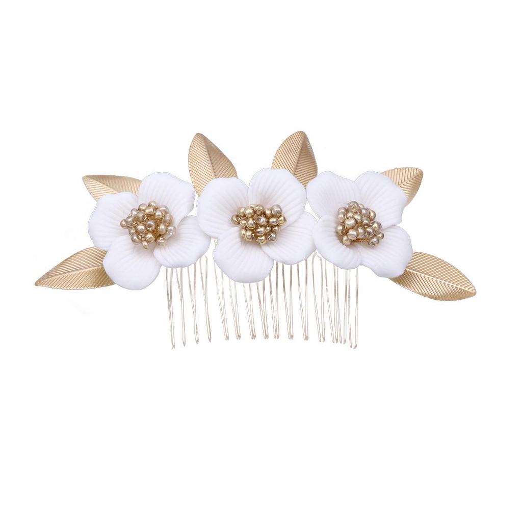Alloy Leaf & Ceramic Magnolia Flower Hair Comb - Bridal Headdress Accessory