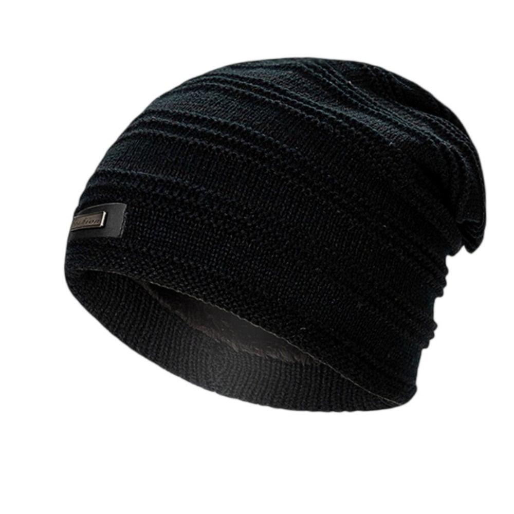 With Tag Fashion Fleece Lined Men's Winter Hat Warm Polyester Knitted Cap Striped Plain Beanies Male