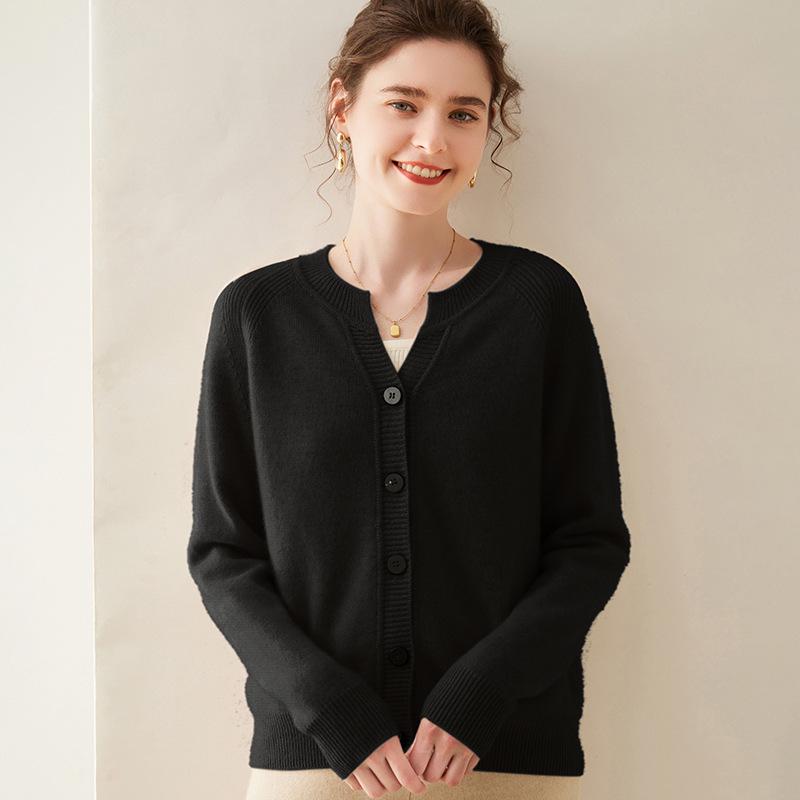 Women's Thick Cashmere Round Neck Raglan Sleeve Sweater Cardigan - Loose Fit, Autumn/Winter Versatile Outerwear