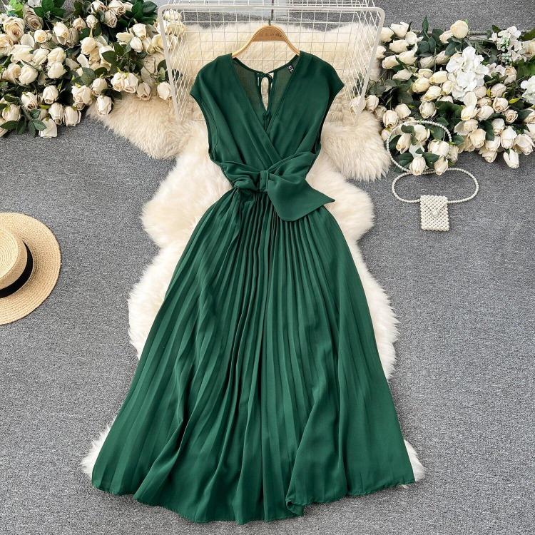 Sommer Neues Französisches Chic Maxikleid Damen V-Ausschnitt Ärmellos Schnürung A-Linie Falten Damenkleider Damen