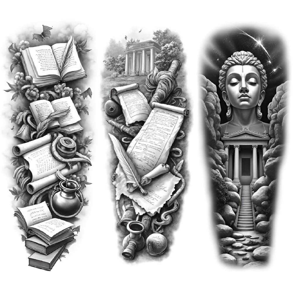 3pcs Temporary Tattoo Black And Grey Realism Buddha Statue And Temple Knight And Sword For Men Women Adults