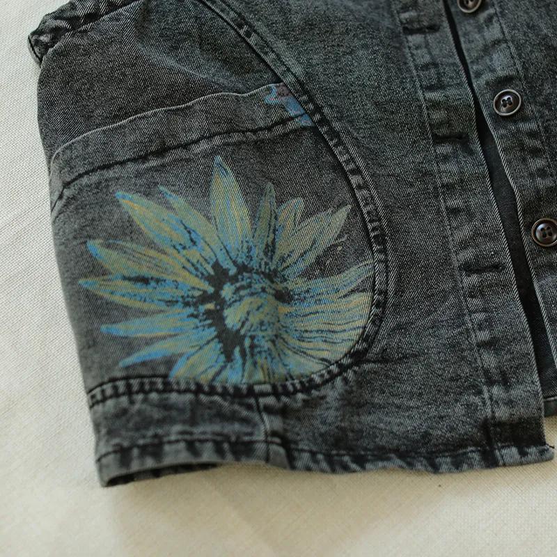 Gilet di Jeans Corto Stampato da Donna Primaverile ed Estivo Giacca Sottile Senza Maniche Larga