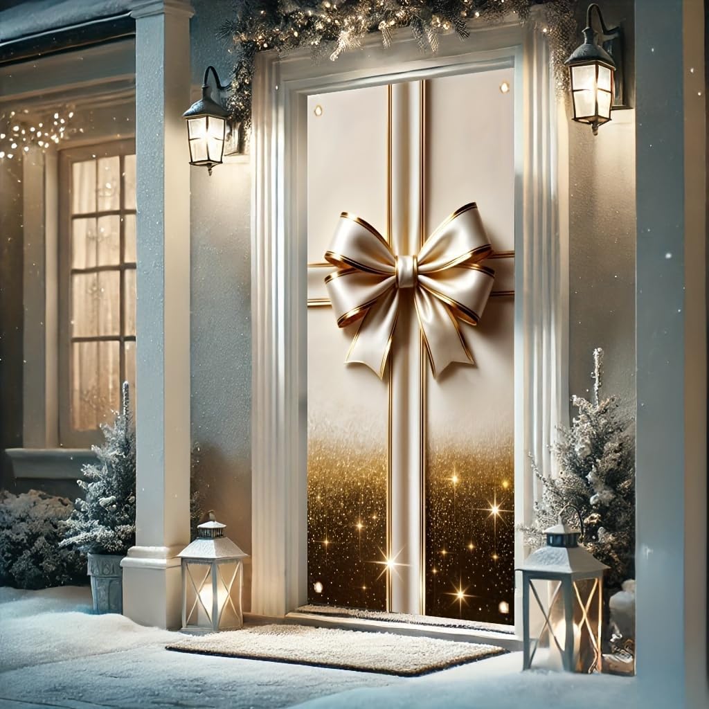 Door Cover Golden Gift Box Bow 71x35 Inch Decorative Holiday Front Door WrapChristmas Party Wedding Birthday Celebration Indoor Qutdoor Decoration