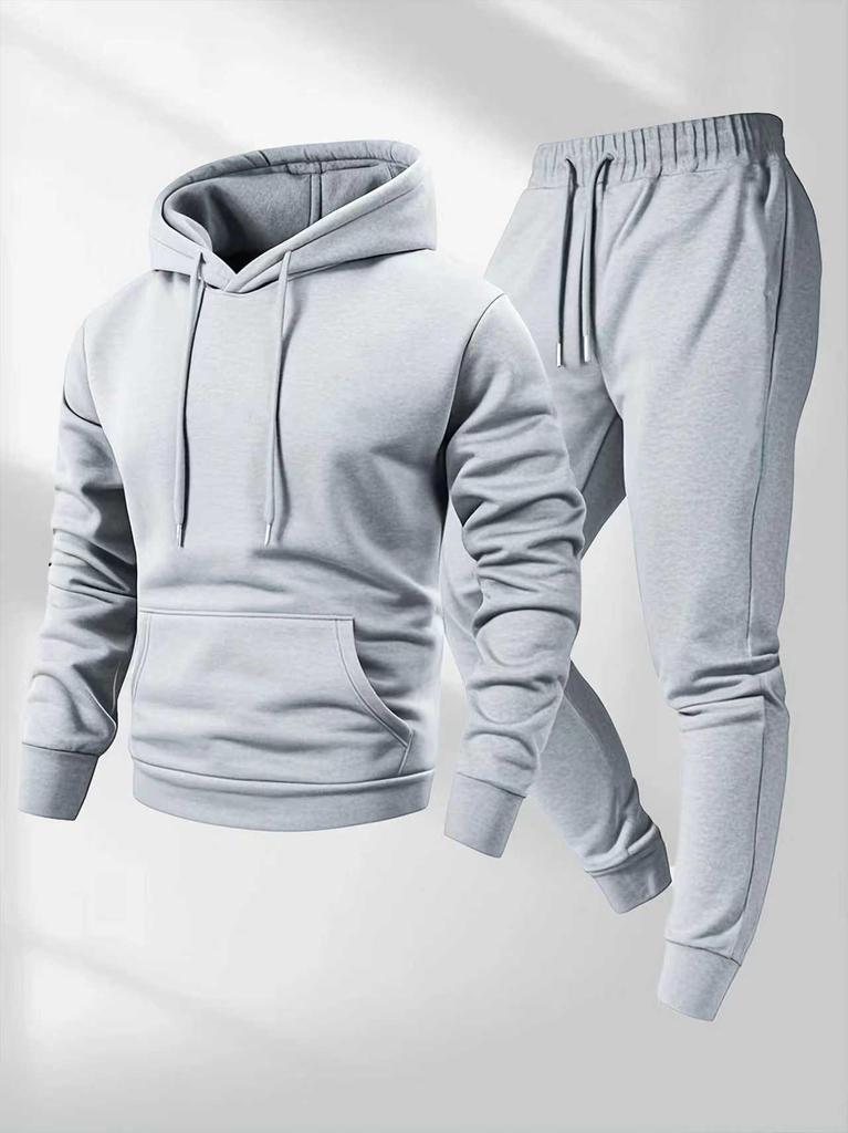 250g Men's Trendy Sports Hoodie & Sweatpants Set - Plain Color