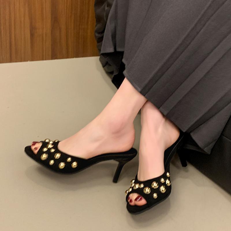 Fashion 2025 Studded Peep Toe  Stiletto Slip on Gold Rivets Decor Classic Sexy Women Summer Sandals Dress Party Daily Casual Single Shoe