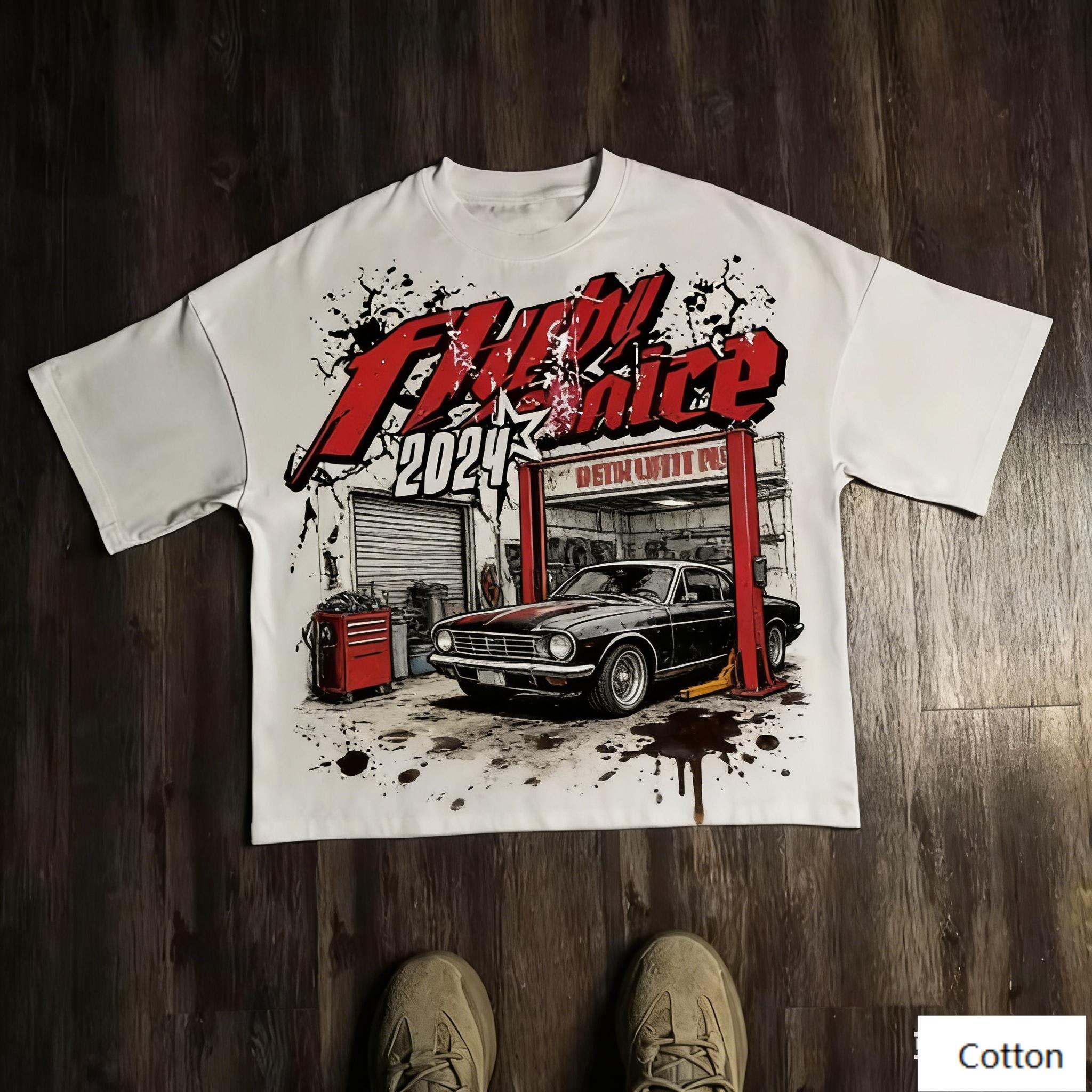 

Oversized TShirt with Retro Garage Car Graphic Loose Streetwear Style Soft Heavyweight Fabric Classic Crew Neck M