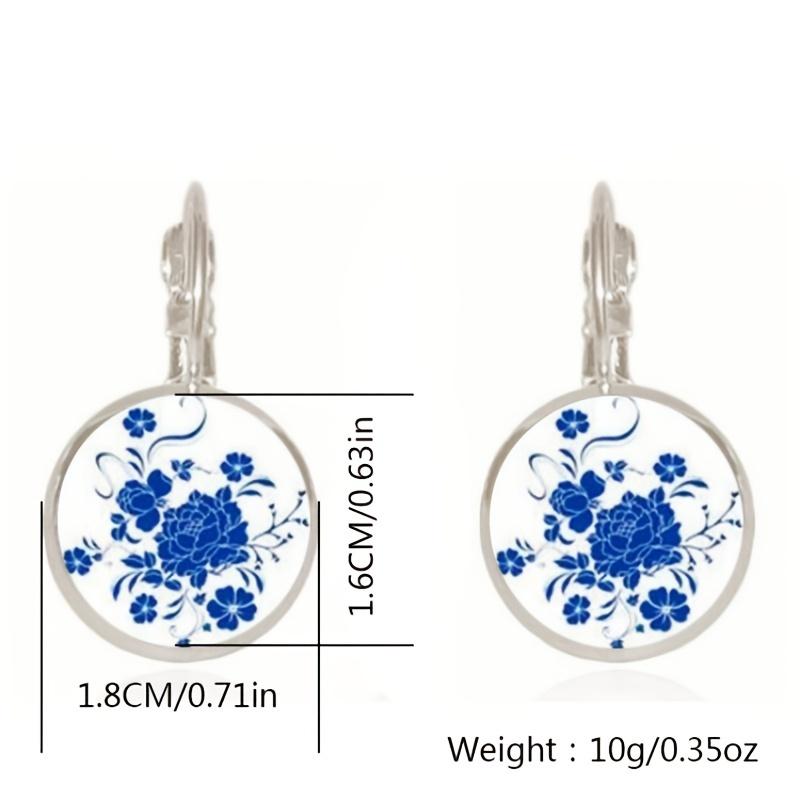 Time Gemstone Blue Flower Porcelain Earrings Ear Hook Ancient Style Alloy Jewelry For Women Girls